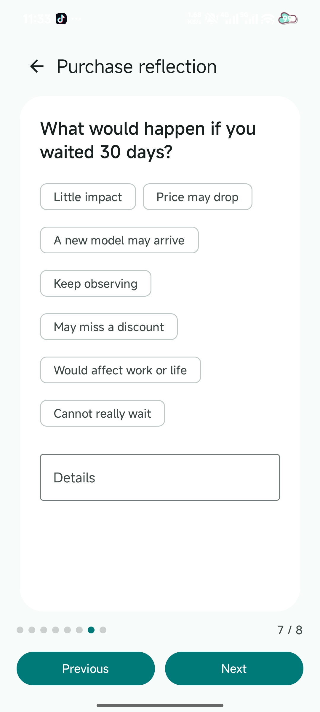 SelfPRP purchase reflection screen with questions and possible outcomes before a purchase