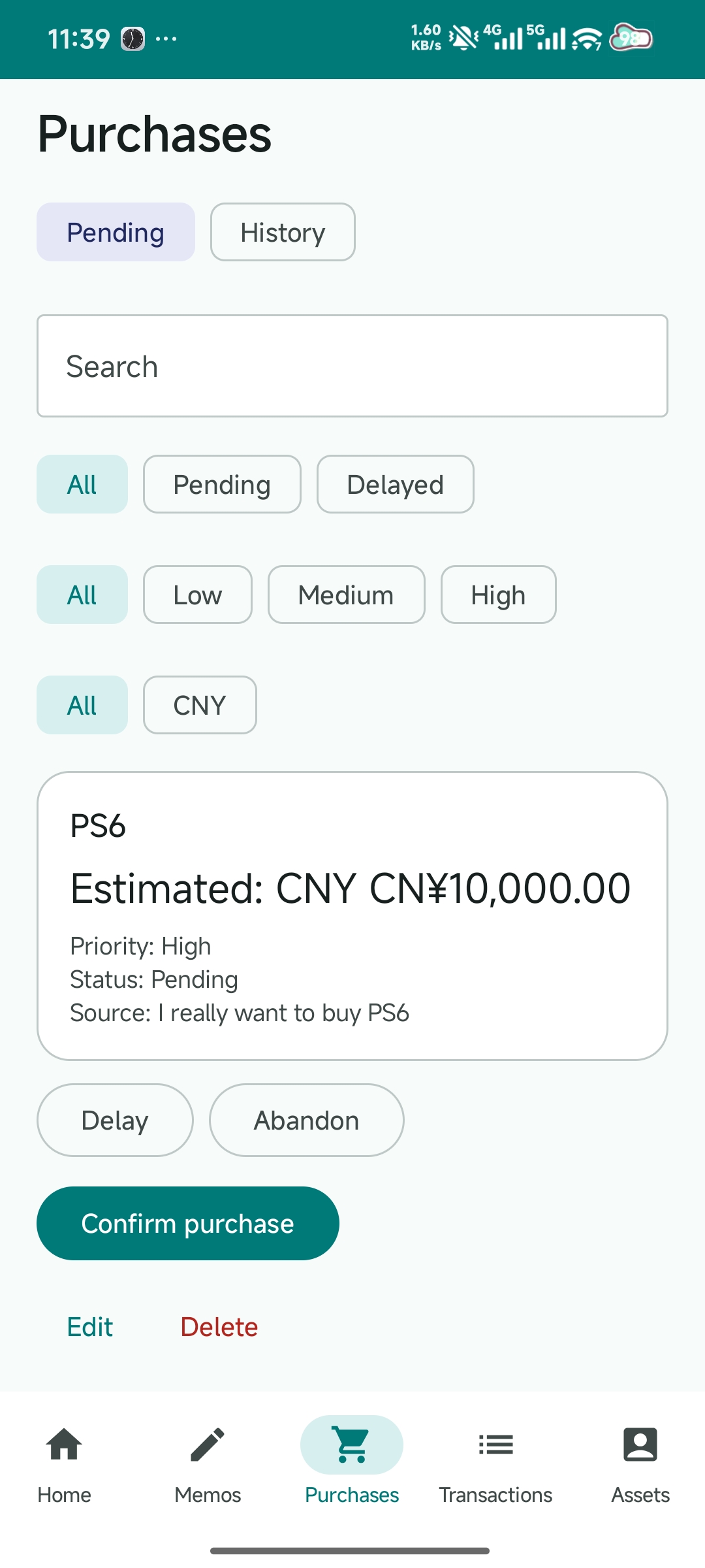 SelfPRP purchase intent screen showing a pending PlayStation 6 purchase