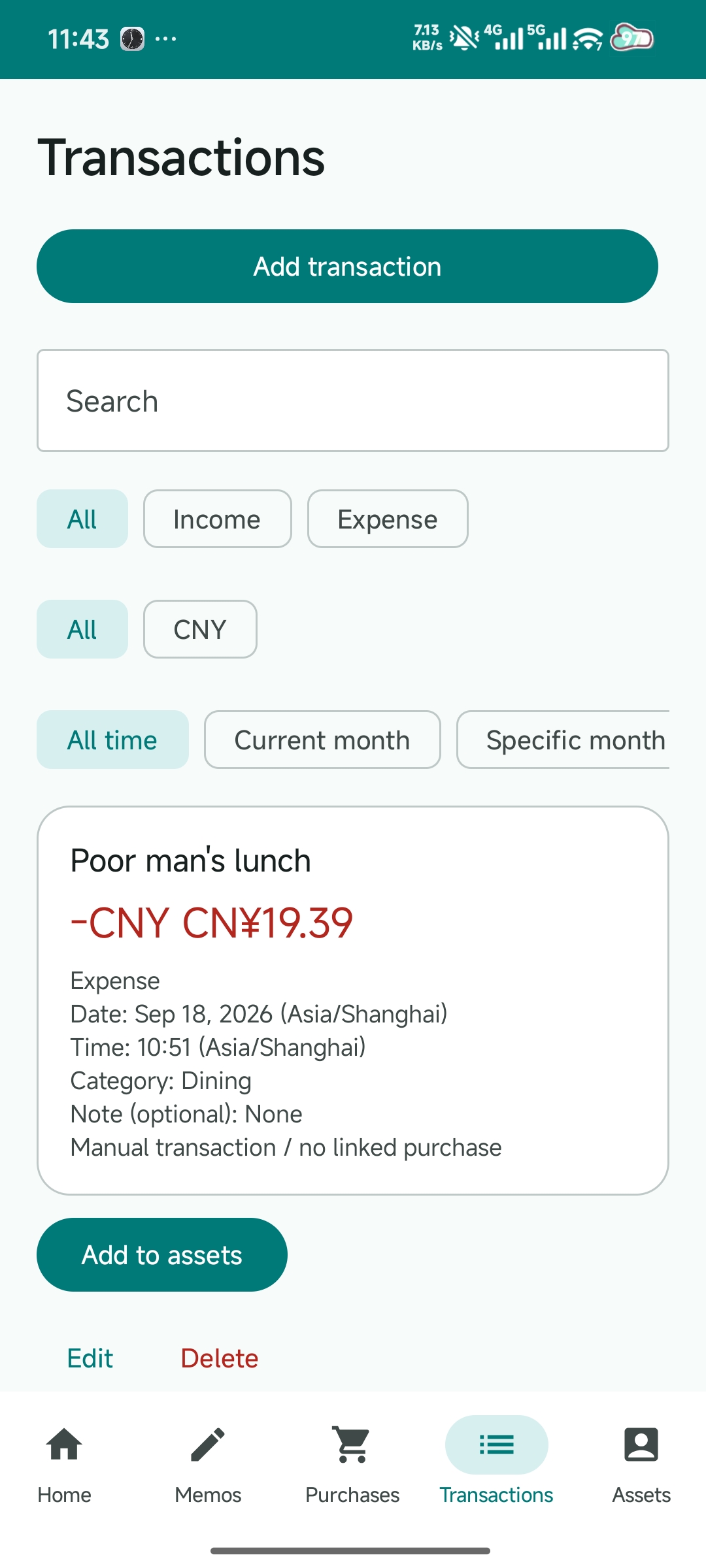 SelfPRP transactions screen showing a recorded expense