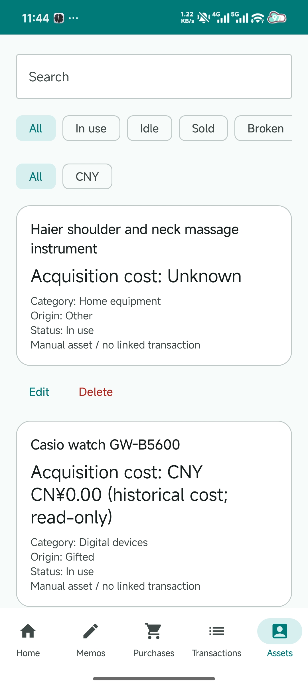 SelfPRP assets screen showing owned resources and their status
